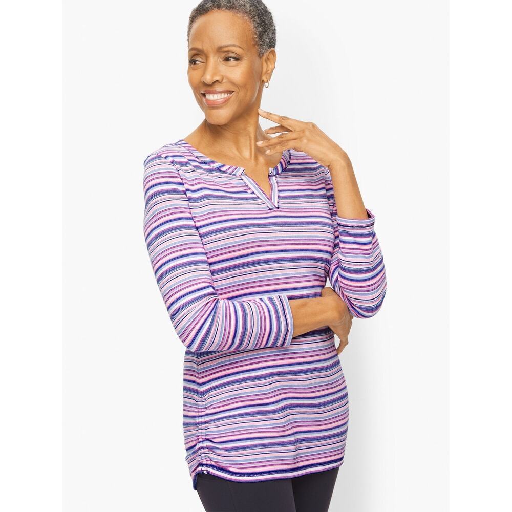 T By Talbots Top Small Petite Toulon Stripe Split Neck 3/4 Sleeve Pink Purple